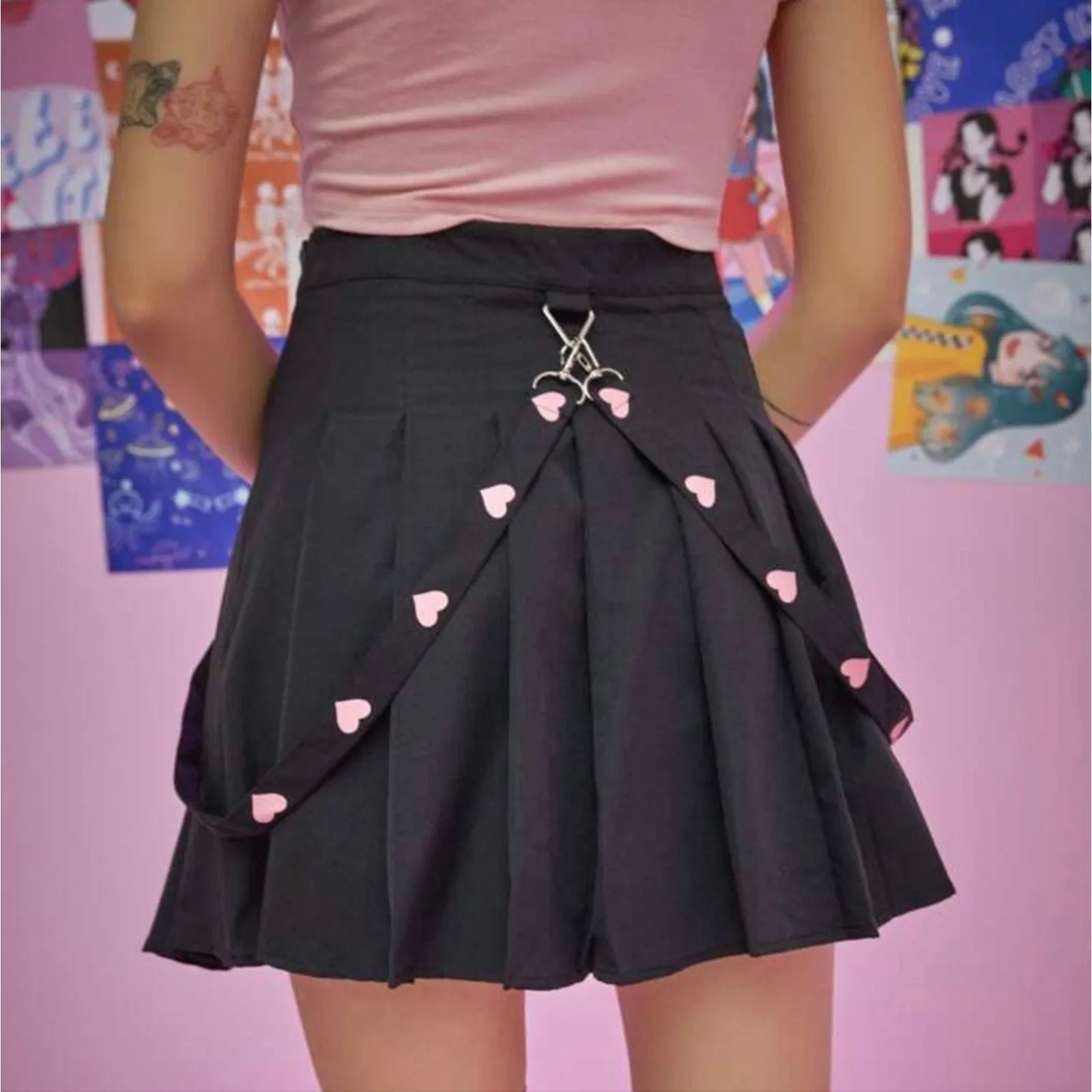 Kawaii Heart Tape Pleated Skirt / Small